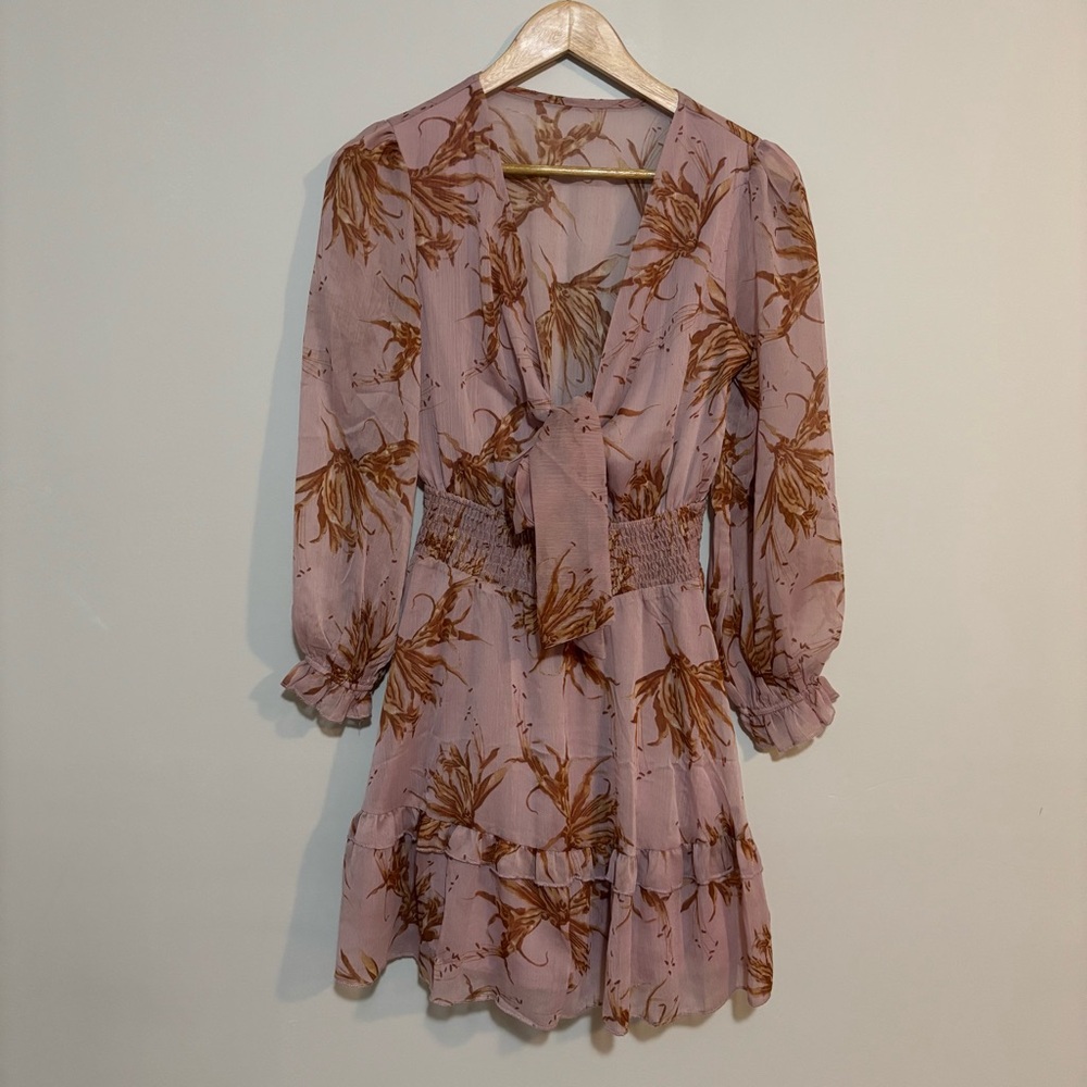 Mauve Long Sleeve Dress with Brown Floral Print Design Front Ties Peep Hole Sz S